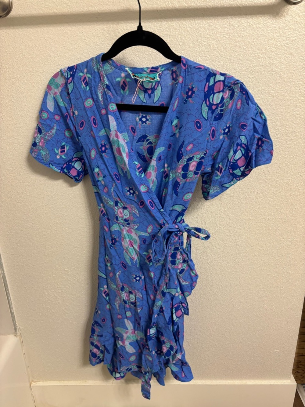Rainbow Hawaiian Blue turtle Print Wrap Mini Dress